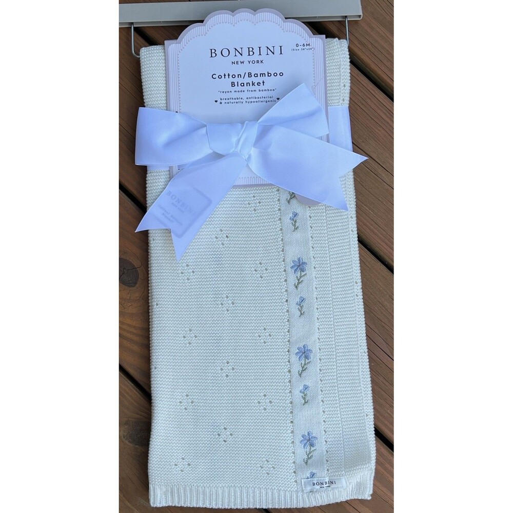 Bonbini Knit Blue Flower Embroidered Baby Blanket White Infant Girls New